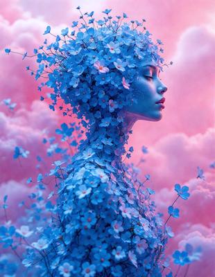 The primary subject of the image is a woman with a blue headpiece, adorned with blue flowers. She is surrounded by a cloudy pink and blue background, which adds to the overall atmosphere of the scene. The visual style of the image is a combination of photo and digital art, creating a unique and artistic representation of the woman. The dominant colors in the image are blue and pink, which contribute to the overall mood and aesthetic of the scene.